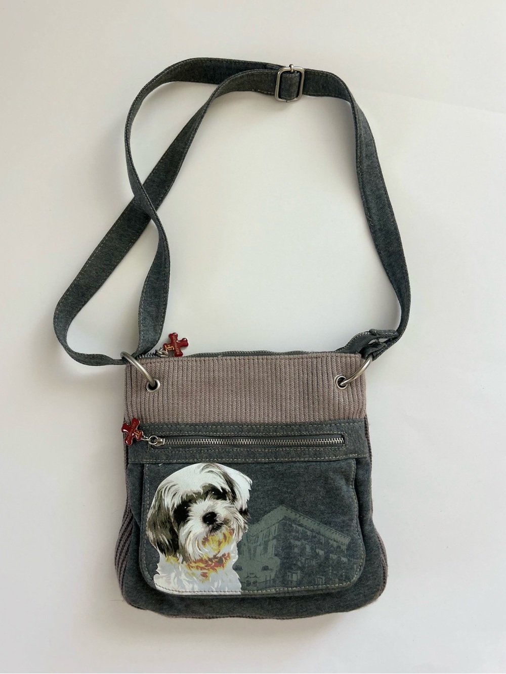 Fuzzy Nation Shih Tzu Dog Crossbody Bag Gray Knit Plush Lined Adjustable Strap